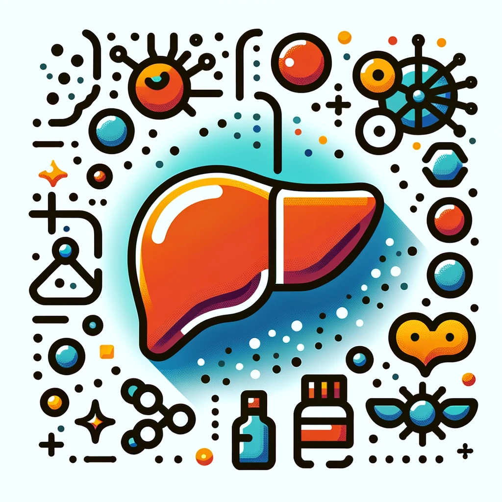 DALL·E 2024 05 29 08.01.35 A simplified illustration related to liver cancer treatment with immunotherapy. The image features a large liver icon in the center surrounded by sma