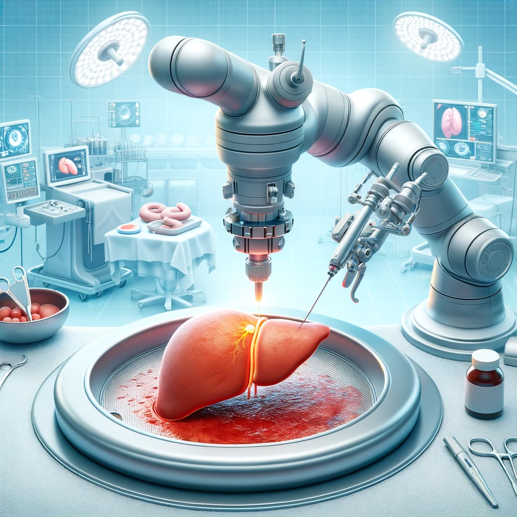 DALL·E 2024 05 28 06.26.50 An illustration of a surgical scene focusing on the liver. The scene shows a minimally invasive laparoscopic liver resection being performed by a robo