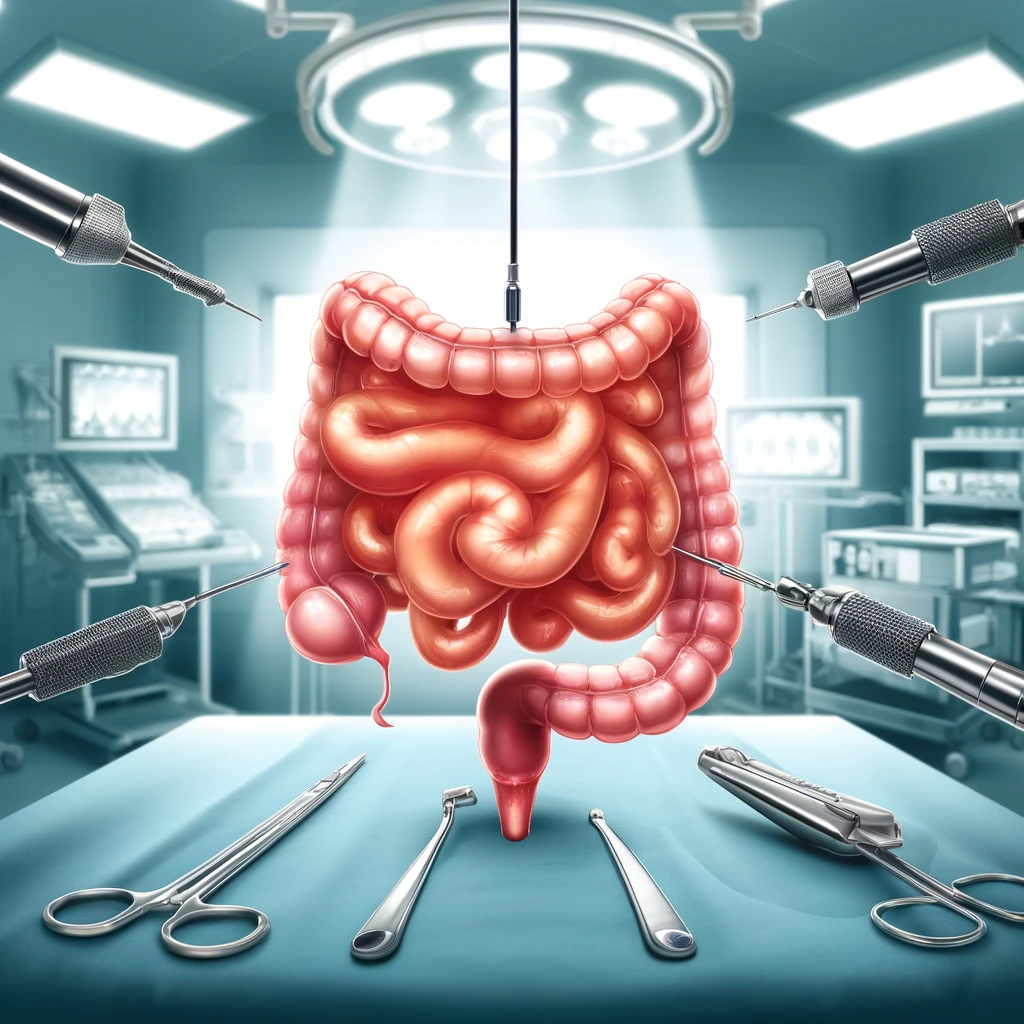 DALL·E 2024 05 28 06.44.07 An illustration of a surgical scene focusing on the small intestine. The scene shows minimally invasive surgery MIS being performed on the ileal neu