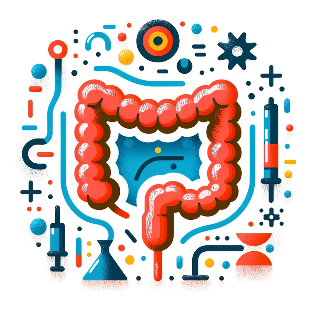 DALL·E 2024 05 29 08.09.06 A simplified illustration related to colon cancer treatment with endoscopy. The image features a large colon icon in the center surrounded by small a