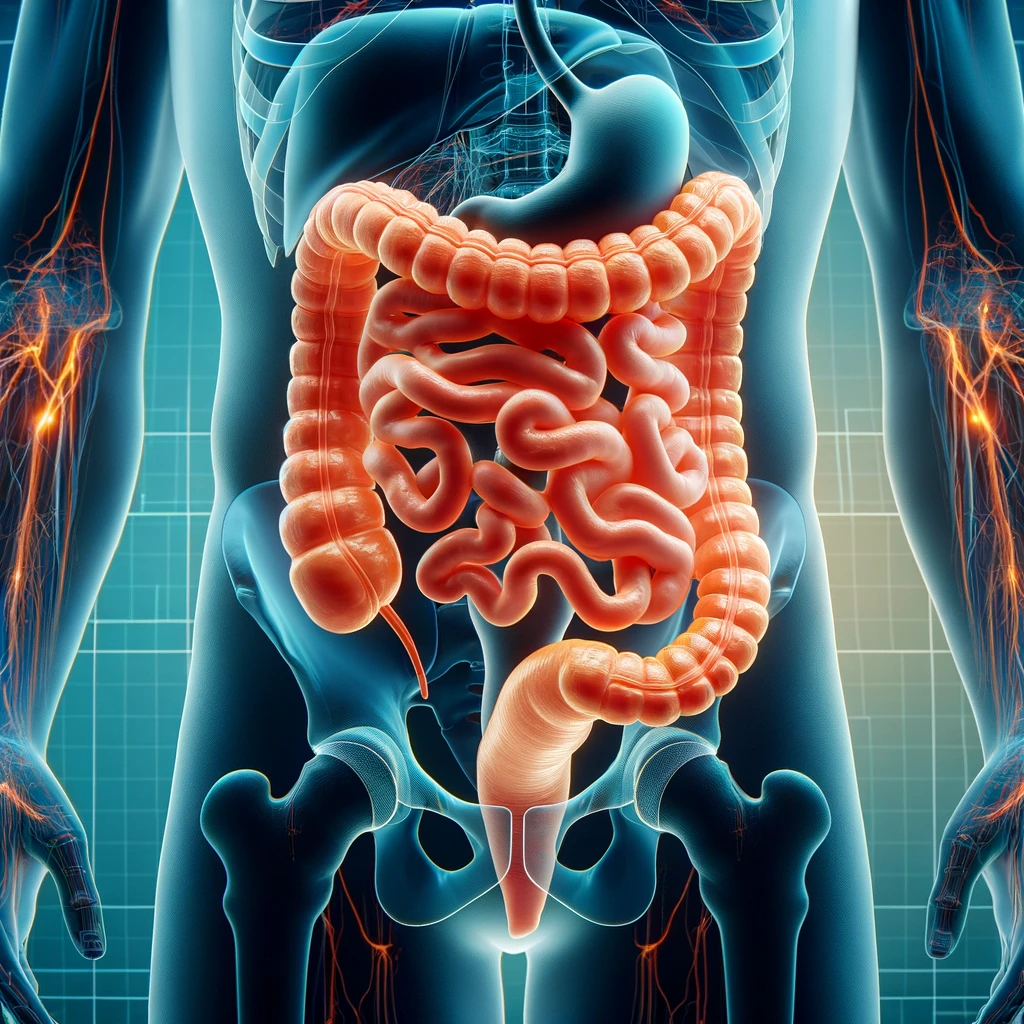 DALL·E 2024 06 05 06.48.39 An image of a human gastrointestinal system highlighting the small intestine. The background is predominantly 25C0B8 with no text or symbols