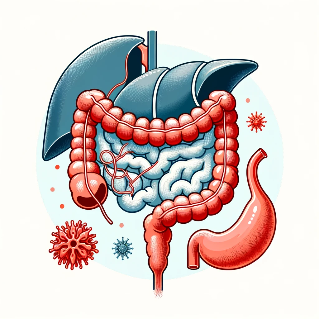 DALL·E 2024 06 08 07.39.13 An illustration related to colorectal cancer focusing on the colon and direct distant organ metastasis. The image should primarily use the colors 25