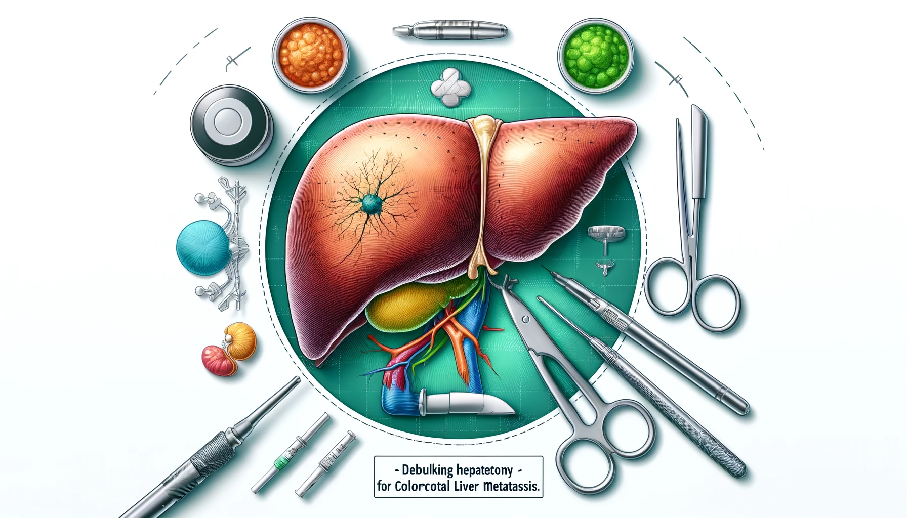 DALL·E 2024 06 09 18.45.30 An illustration of the liver focusing on debulking hepatectomy for colorectal liver metastasis CRLM. The image shows the liver with areas marked to