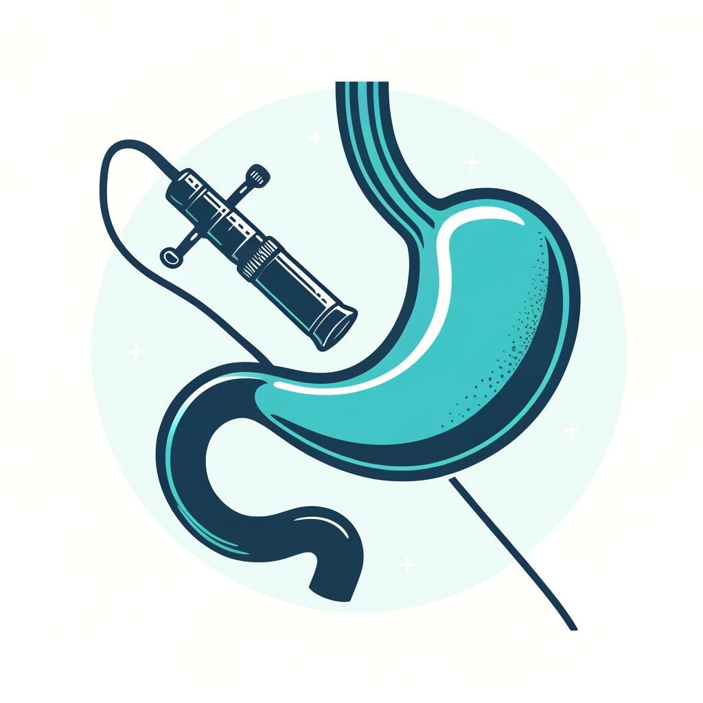 DALL·E 2024 06 10 06.56.20 An illustration of a laparoscope and the stomach with a simple clear background. The laparoscope is depicted in 25C0B8 a shade of teal and the sto