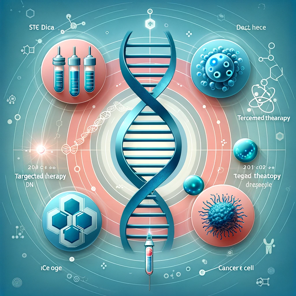 DALL·E 2024 06 06 06.48.32 An image illustrating advanced cancer treatment through precision medicine. The background should be a single color with icons of a DNA helix targete