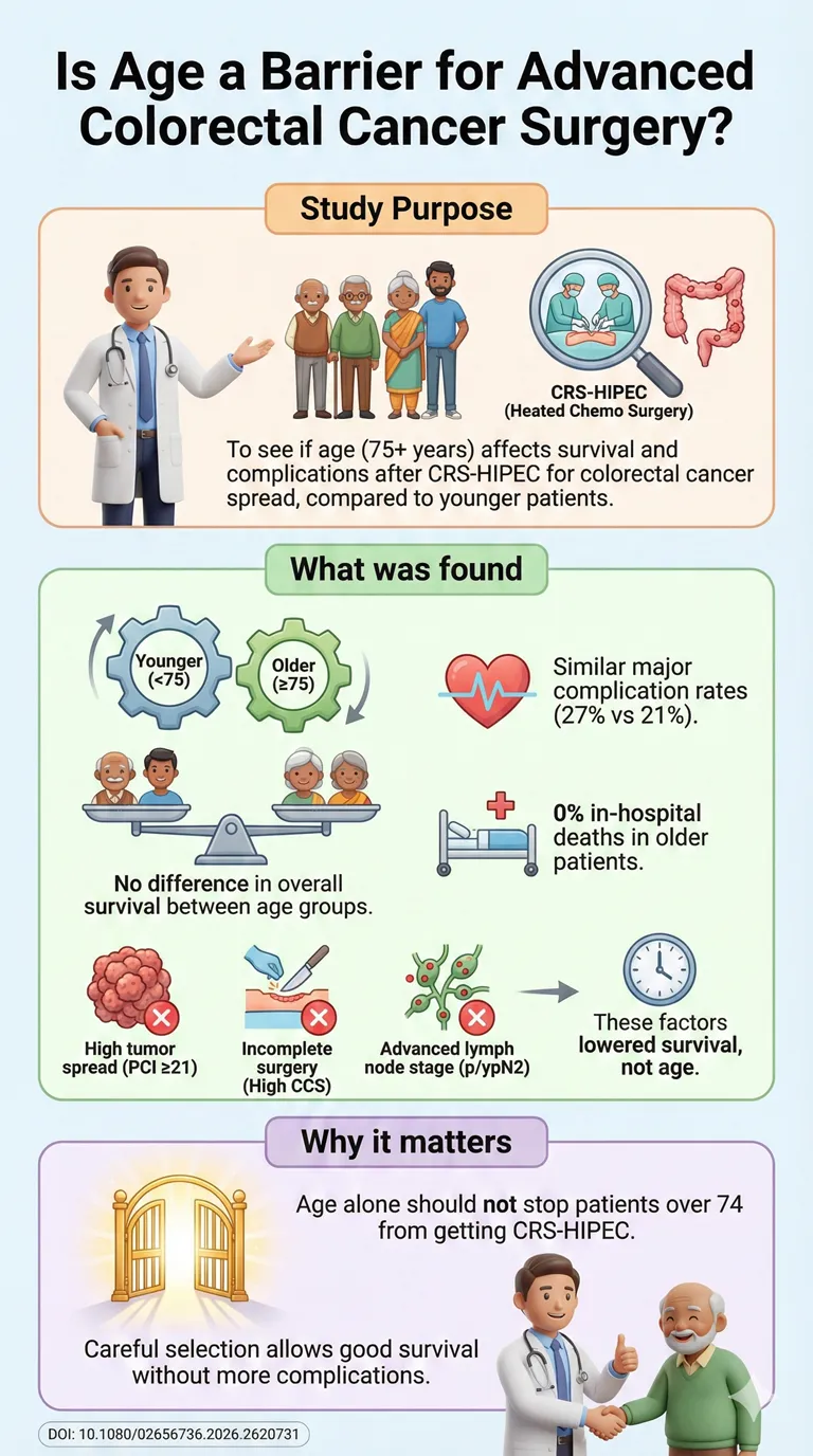 Survival and morbidity in elderly patients treated with cytoreductive surgery and HIPEC for colorectal peritoneal metastases a population-based study. DOI 10.108002656736.2026.2620731