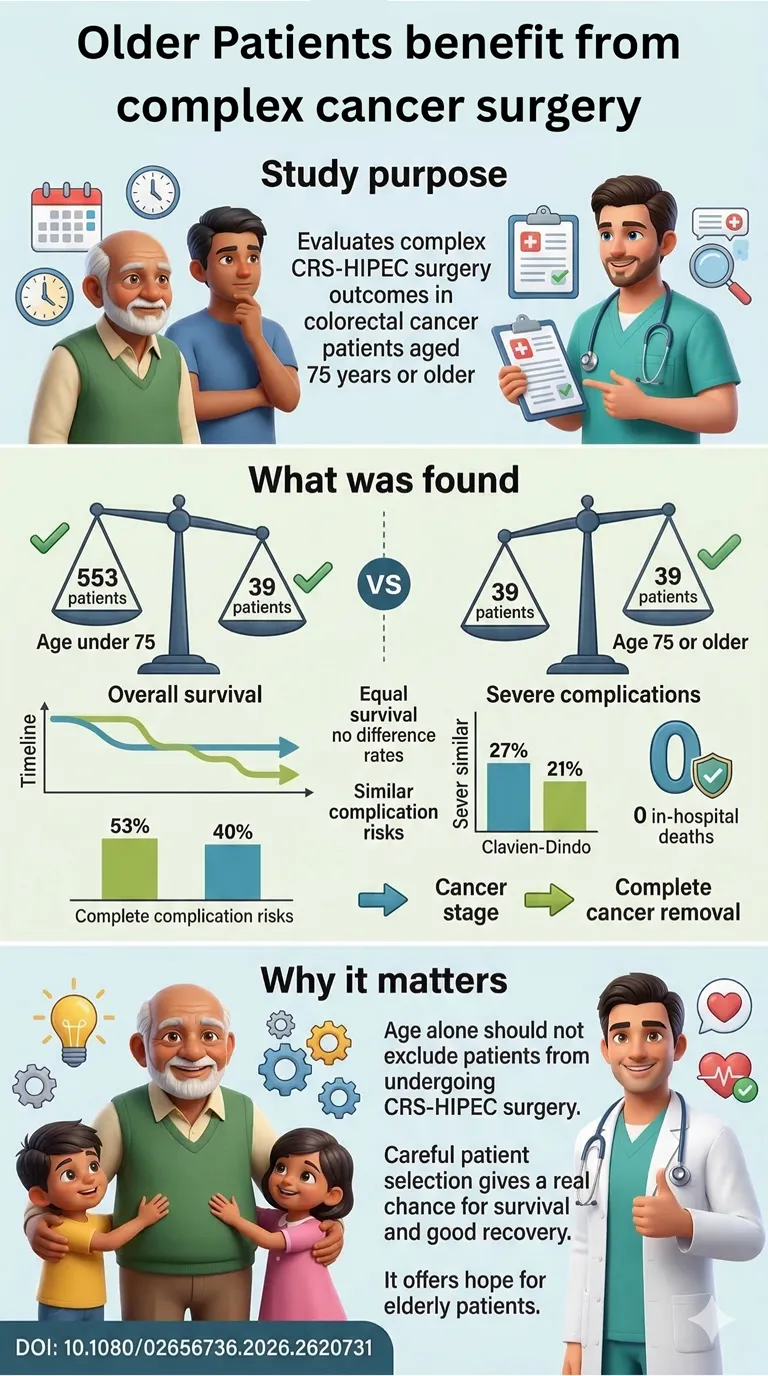 Survival and morbidity in elderly patients treated with cytoreductive surgery and HIPEC for colorectal peritoneal metastases a population-based study.DOI 10.108002656736.2026.2620731